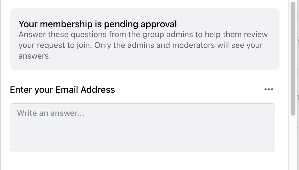 Screenshot of a private Facebook group notification that says "Your message is pending approval" with a blank field to enter your email address