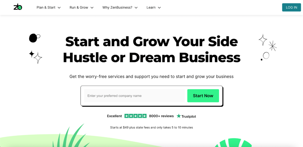 Screenshot of ZenBusiness home page