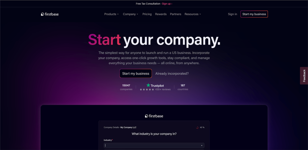 Screenshot of Firstbase.io home page