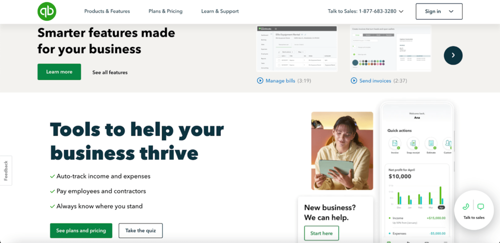 Screenshot of Intuit Quickbooks home page