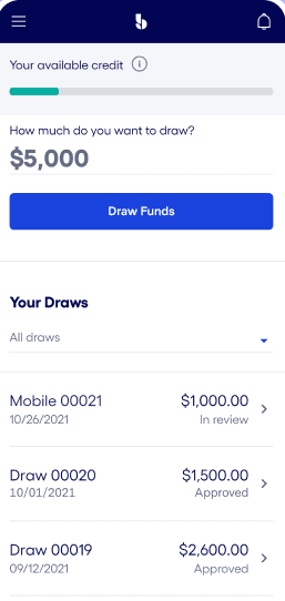 Screenshot of a business line of credit account that shows available credit, option to draw funds, and past transactions