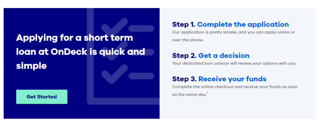 Screenshot of OnDeck website page with headline that says "Applying for a short term loan at OnDeck is quick and simple" and list of three steps to apply with a button that says "Get Started"