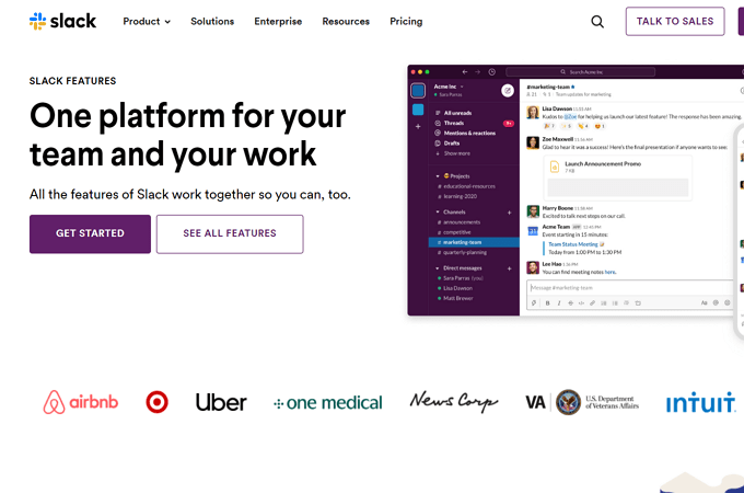 Screenshot of Slack features page to get started with Slack and some big names that use it as a tool in their business