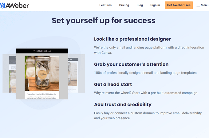 Screenshot of AWeber web page explaining how AWeber helps you to set yourself up for success