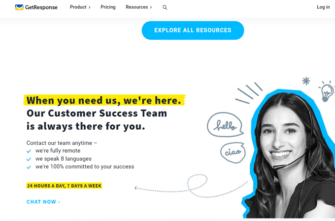 Screenshot of GetResponse webpage explaining how their customer success team is available 24 hours a day, 7 days a week