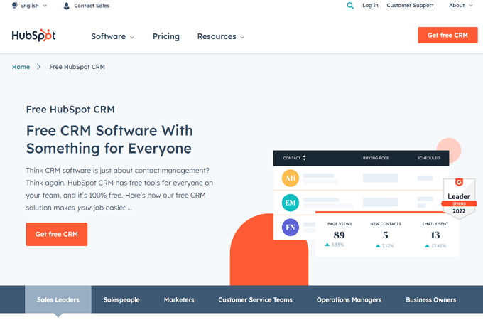 Screenshot of Free HubSpot CRM webpage