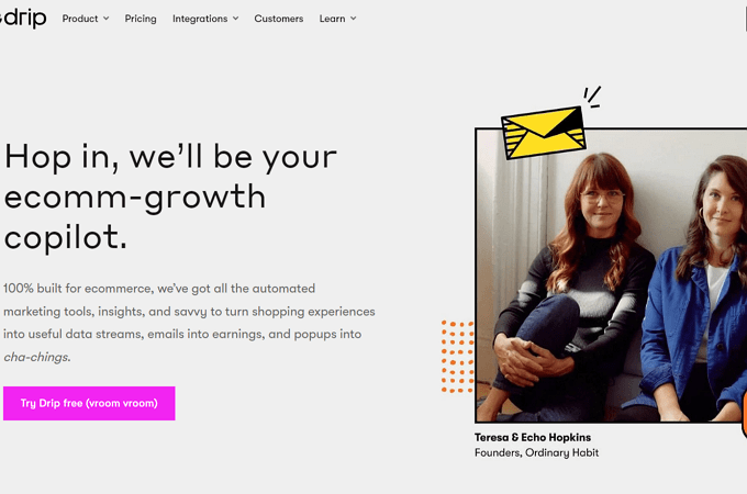 Screenshot of Drip webpage explaining how they'll be your ecomm-growth copilot with button to try Drip for free