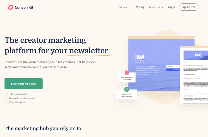 Screenshot of ConvertKit webpage that explains how ConvertKit is the go-to marketing hub for creators to grow and monetize your audience with ease