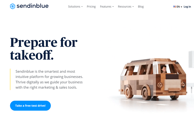 Screenshot of Sendinblue webpage to take a free test drive using their platform