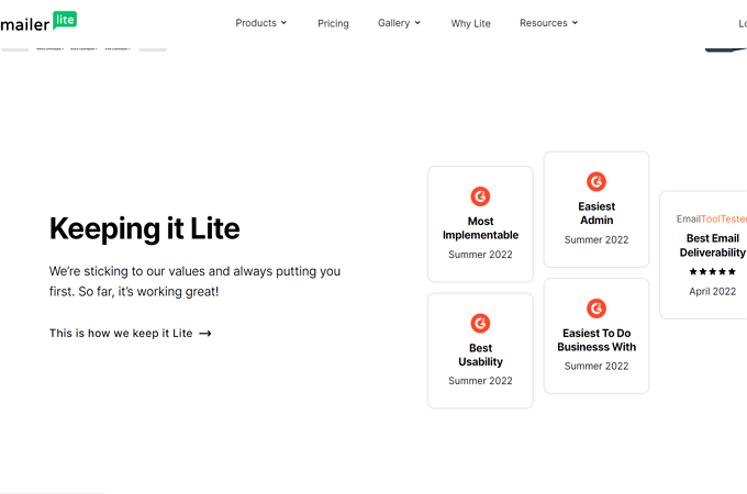 Screenshot of MailerLite webpage explaining how they keep it lite with awards for Most Implementable, Easiest Admin, Best Usability, Easiest to do Business With, and Best Email Deliverability