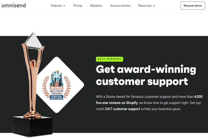 Screenshot of Omnisend webpage about their award-winning customer support, with a Stevie Award for fantastic customer support and more than 4,000 five-star reviews on Shopify