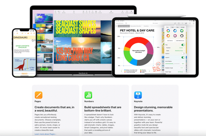 Screenshot of Apple iWork webpage that features the Apple apps Pages, Numbers, and Keynote.