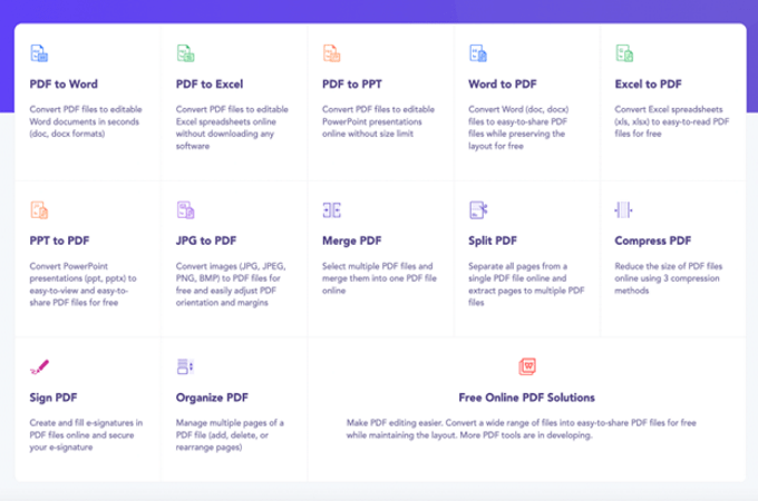 Screenshot of WPS webpage that shows the extensive amount of PDF editing tools they offer