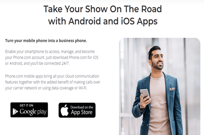 Screenshot of Phone.com webpage for Android and iOS apps