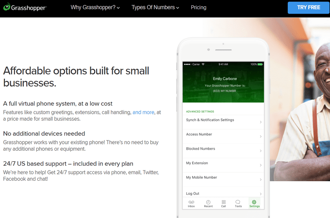 Screenshot of Grasshopper webpage offering affordable phone system options built for small businesses