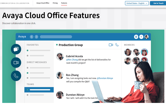 Screenshot of Avaya Cloud Office Features webpage