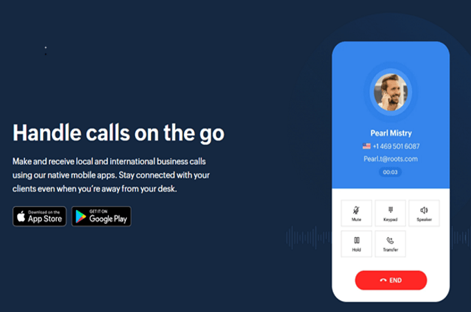 Screenshot of Zoho Voice webpage with headline that says, "Handle calls on the go."