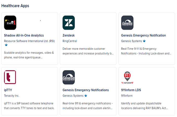 Screenshot of RingCentral healthcare apps integrations page