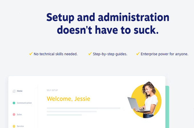 Screenshot of Nextiva webpage with headline that says, "Setup and administration doesn't have to suck."