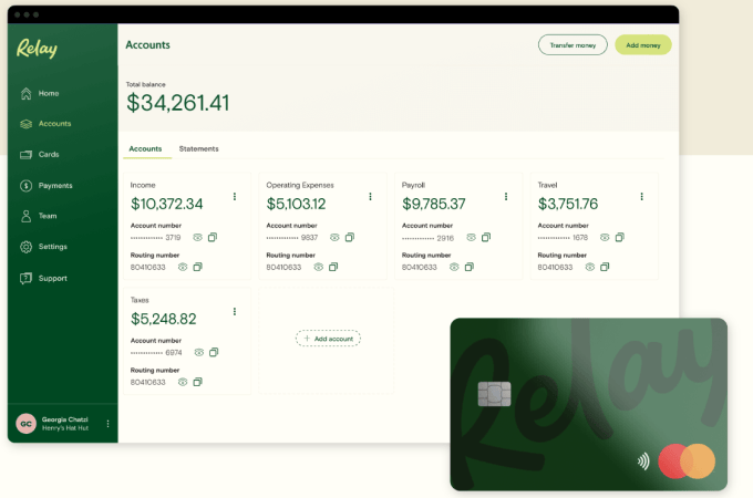Relay online banking dashboard and Mastercard debit card
