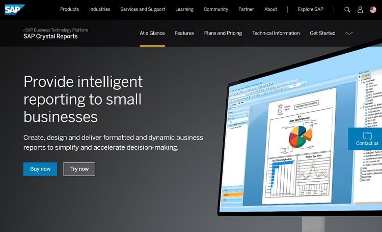 Screenshot of SAP Crystal Reports "At a Glance" page with headline that says, "Provide intelligent reporting to small businesses"