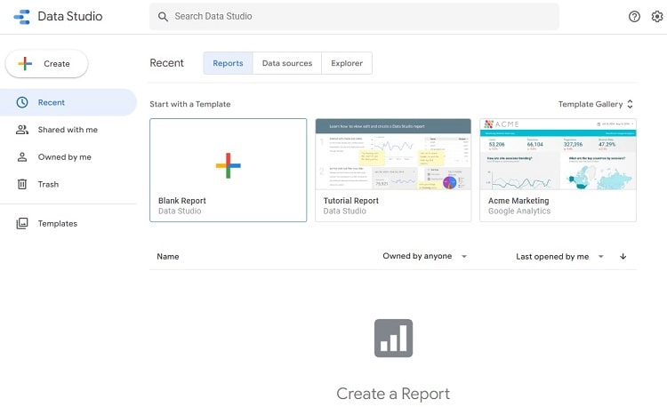 Screenshot of Google Data Studio user dashboard with options to create a blank report or start from a template