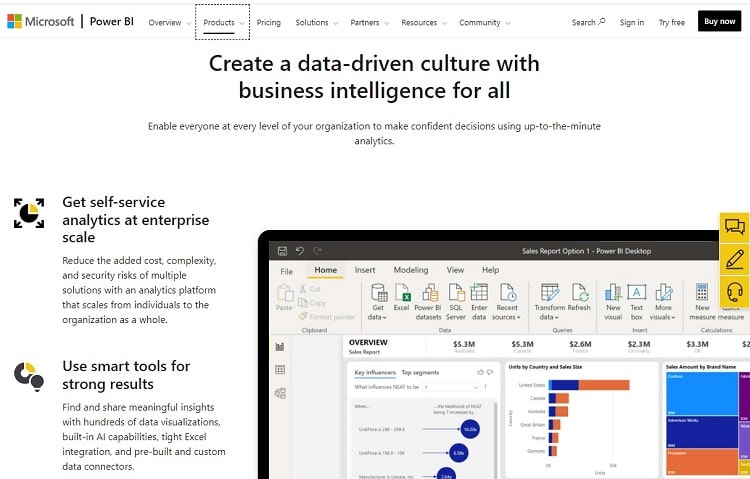 Screenshot of Microsoft Power BI products page with headline that says, "Create a data-driven culture with business intelligence for all"