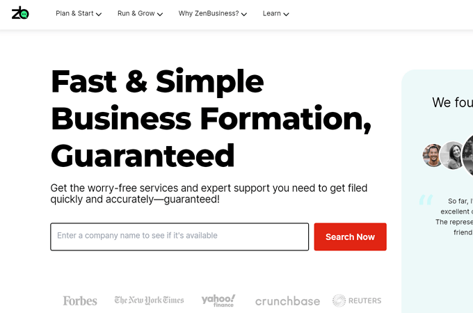 Screenshot of ZenBusiness home page