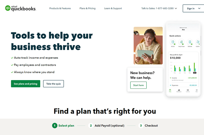 Screenshot of QuickBooks home page