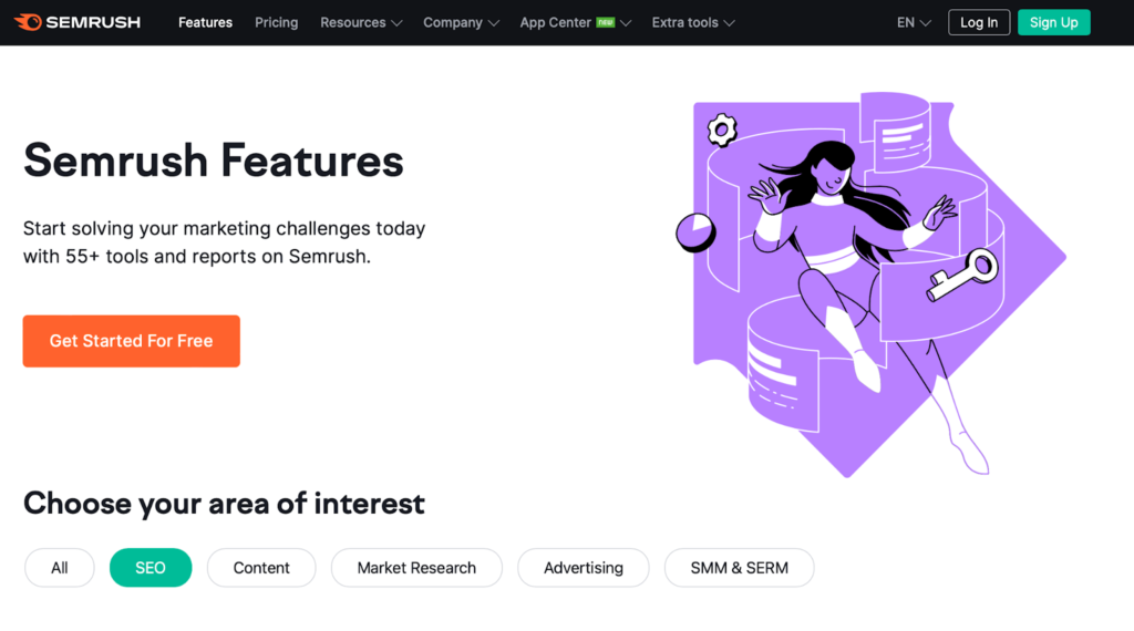Screenshot of Semrush Features landing page
