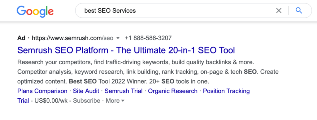 Screenshot of Google search for "Best SEO Services" showing Semrush at the top