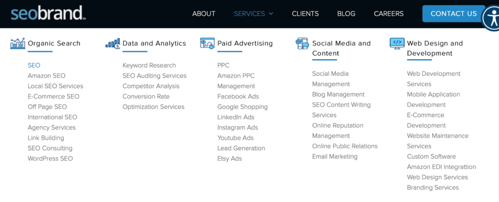 Screenshot of SEO Brand webpage for services and features, including Organic Search, Data and Analytics, Paid Advertising, Social Media and Content, and Web Design and Development