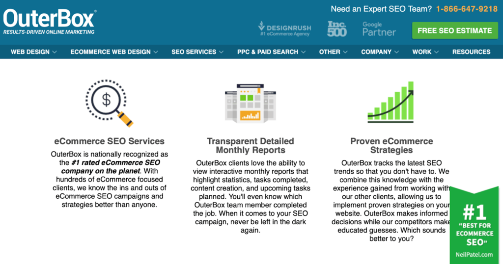 Screenshot of Outerbox SEO webpage featuring their ecommerce SEO services, transparent detailed monthly reports, and proven ecommerce strategies