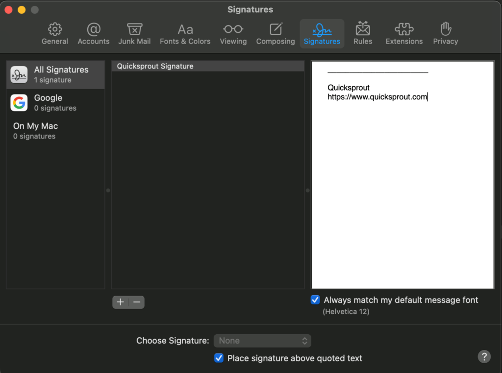 Screenshot of Mac mail signatures window