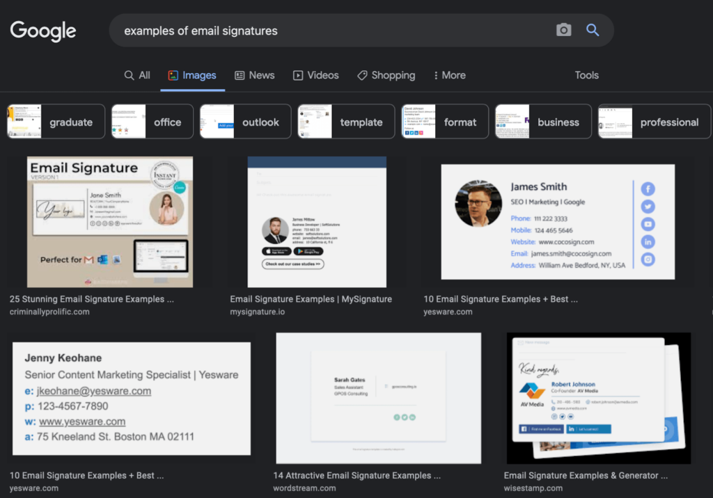 Screenshot of Google results for the search, "examples of email signatures"