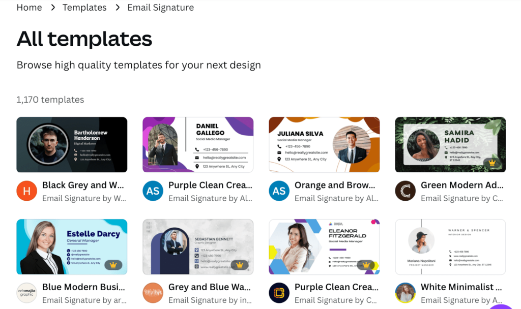 Screenshot of Canva email signature templates