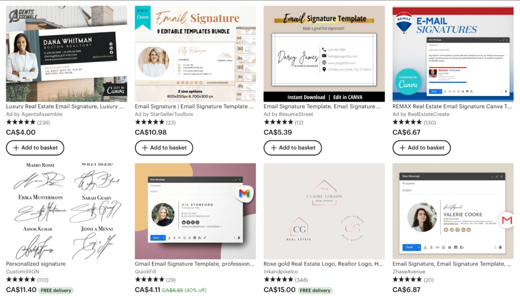 Screenshot of Etsy signature templates