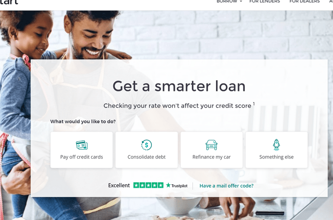 Screenshot of Upstart home page with headline that says "Get a smarter loan"