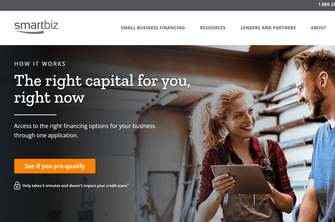 Screenshot of SmartBiz home page with headline that says, "The right capital for you, right now"