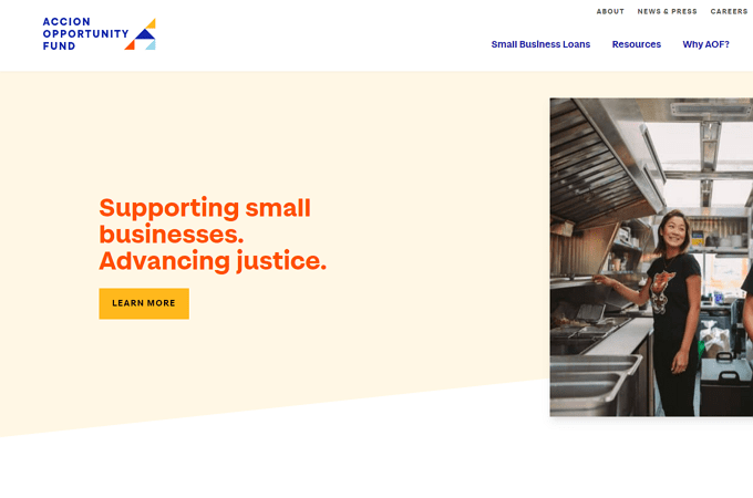 Screenshot of Accion Opportunity Fund home page with headiine that says, "Supporting small businesses. Advancing justice."