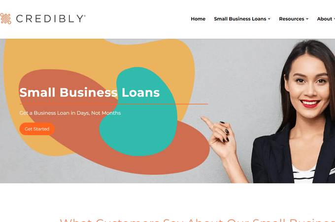 Screenshot of Credibly home page with headline that says, "Get a Business Loan in Days, Not Months"
