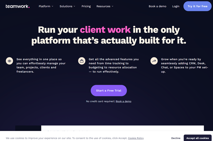 Screenshot of Teamwork webpage with headline that says, "Run your client work in the only platform that's actually built for it."