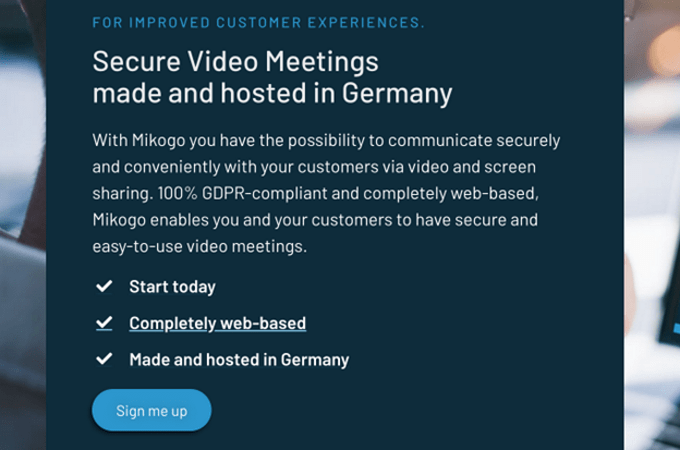 Screenshot of Mikogo webpage for secure video meetings made and hosted in Germany