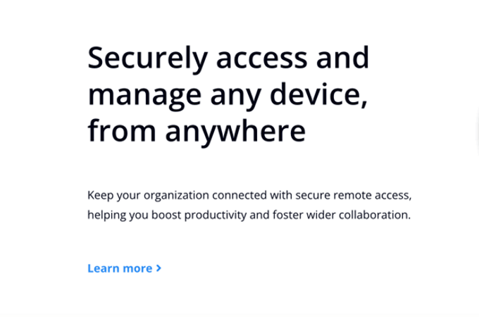Screenshot of VNC Connect home page with headline that says, "Securely access and manage any device, from anywhere"