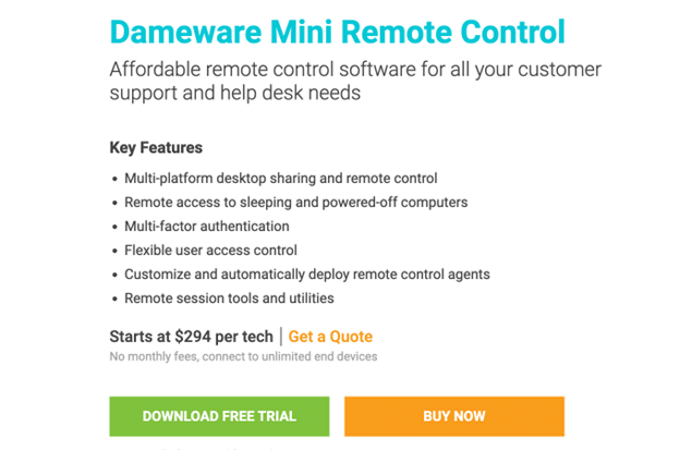 Screenshot of Dameware Mini Remote Control webpage
