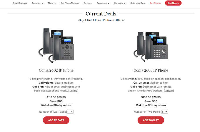 Screenshot of two available Ooma phone options with features and pricing listed