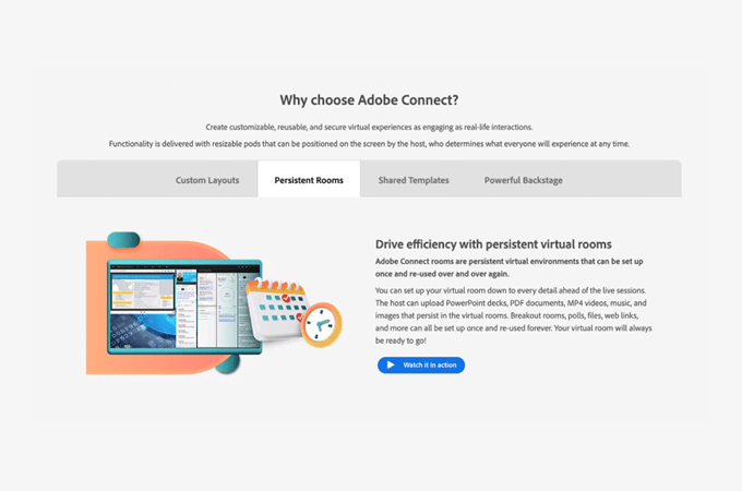 Screenshot of Adobe Connect webpage that asks, "Why choose Adobe Connect?" with features that include custom layouts, persistent rooms, shared templates, and powerful backstage