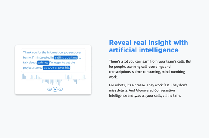 Screenshot of CallRail webpage with headline that says, "Reveal real insight with artificial intelligence"