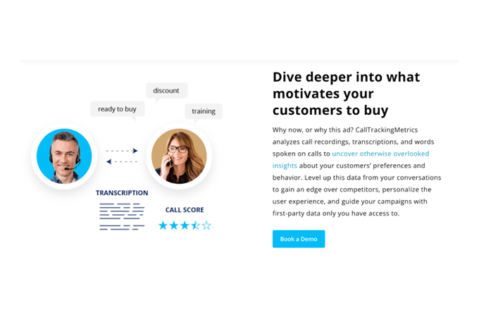 Screenshot of CallTrackingMetrics webpage with headline that says, "Dive deeper into what motivates your customers to buy."