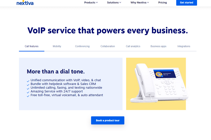 Screenshot of Nextiva webpage for VoIP call features with headline that says, "VoIP service that powers every business."